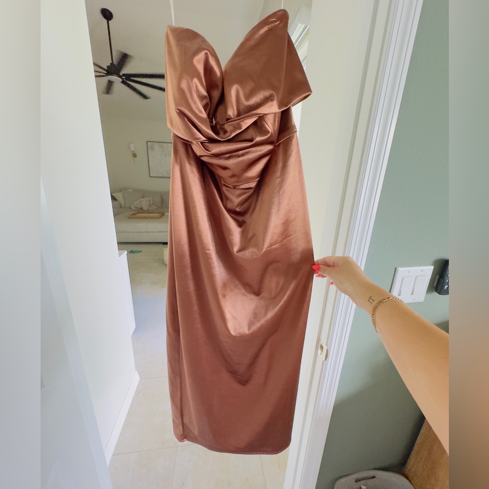 Fashion Nova Strapless Satin Dress in Brown/Copper
